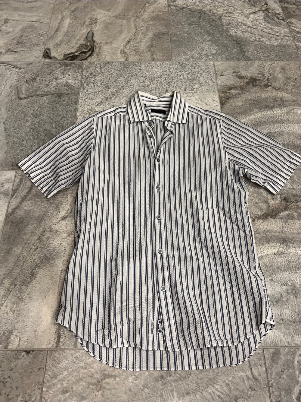 Saks Fifth Avenue White Short-Sleeve Textured Button-Down with Navy Stripes